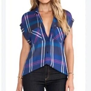 Rails x Free People Blue/Pink Sleeveless Flannel Shirt Women's Size M